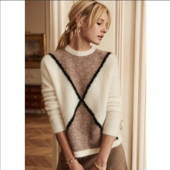 Sezane White and Brown Crew Neck Sweater - Picture 1 of 6